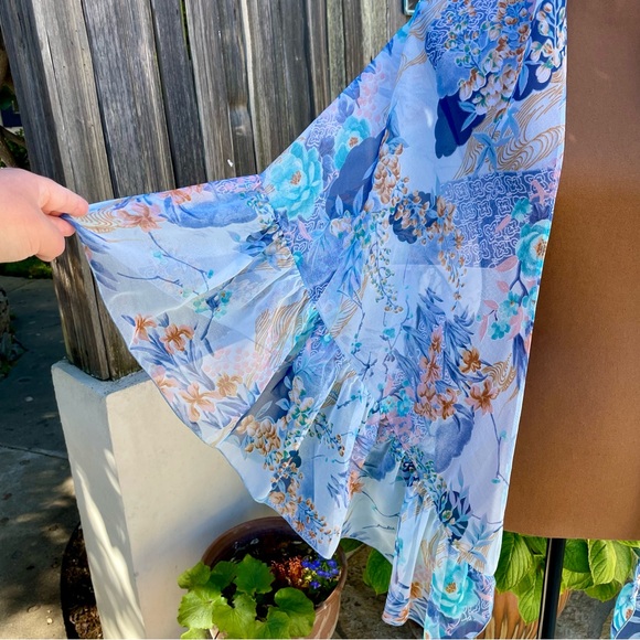 Floral Botanical Chiffon Shawl Wrap Ruffled Edge Sheer Blue/Pink/Copper - Picture 9 of 14